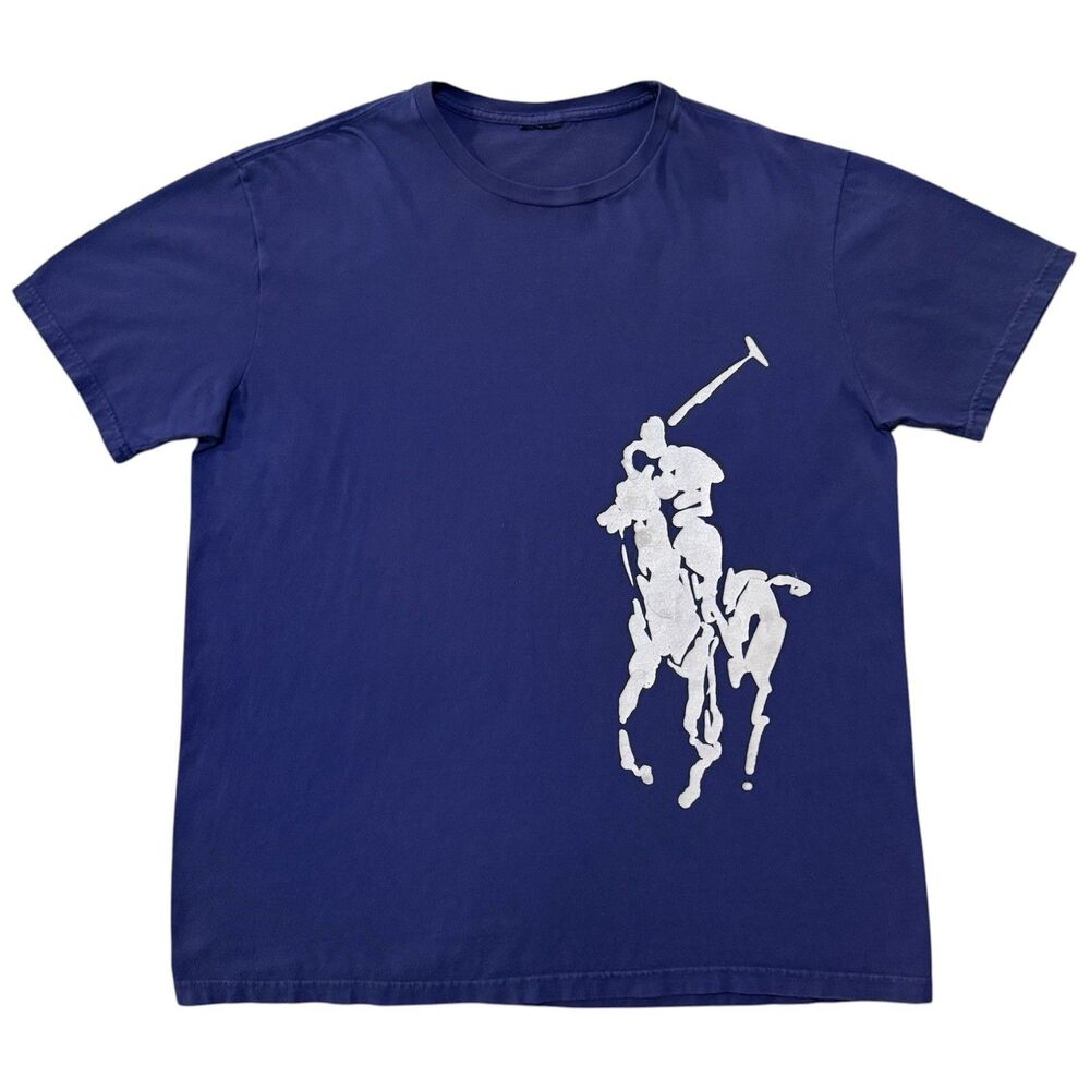 Vintage 90s Polo Ralph Lauren T-Shirt Large Navy Blue Big Pony Logo Lower Front
